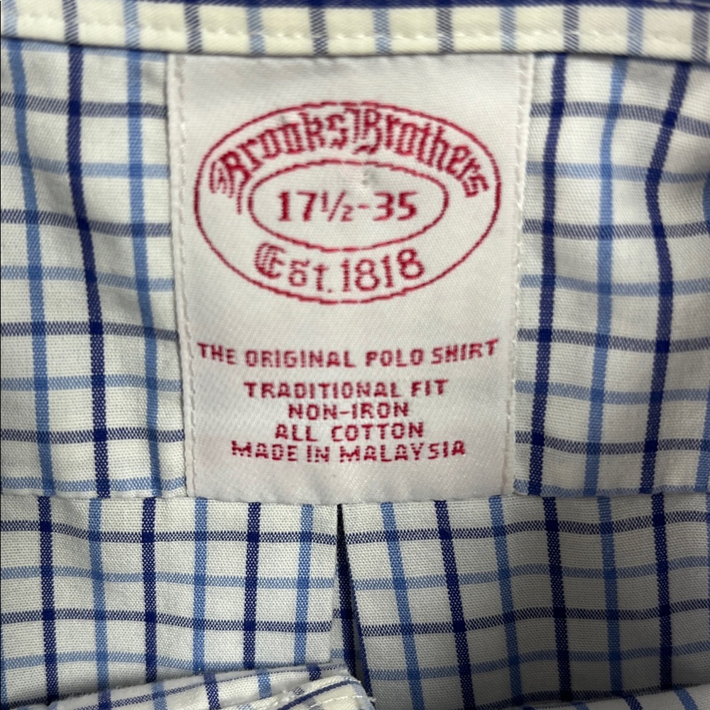 Brooks Brothers Men’s Shirt Size 17.5 -35 Blue & White Checkered Button Collar - Picture 7 of 7